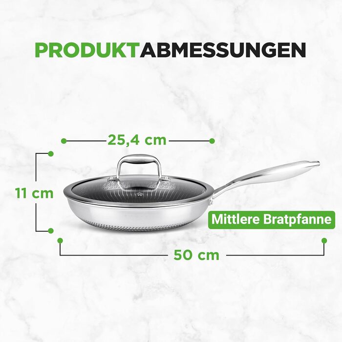 Набір сковорідок NutriChef з нержавіючої сталі, 6 предметів – антипригарне покриття, 20/25/30 см з кришками, підходить для індукційних плит, стійкий до подряпин та для духовки, придатний для миття в посудомийній машині. Набір посуду (25 см сковорода)
