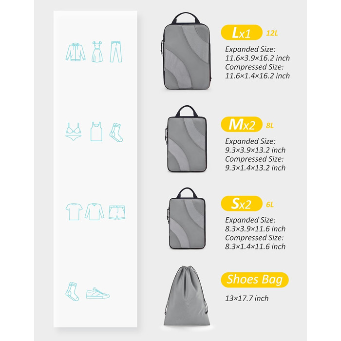 Набір компресійних органайзерів для подорожей BAGSMART Packing Cubes, набір для пакування речей у валізу та ручну поклажу, 6 предметів, сірий