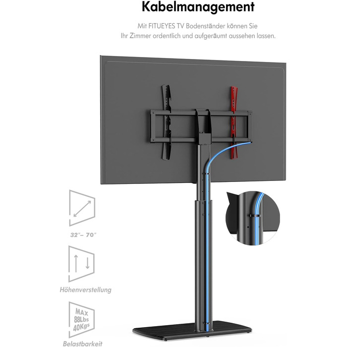 Підлогова підставка для телевізора FITUEYES регулюється по висоті, поворотна від 32-70 до 40 кг, макс. VESA 400x600 (чорний)
