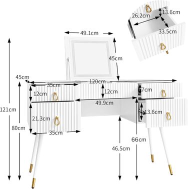 Туалетний столик Merax з дзеркалом та LED-підсвічуванням, з поличкою, 6 висувних ящиків, золоті ручки, білий, 102x100x41.5 см (без табурета)