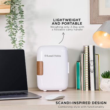 Міні-холодильник Russell Hobbs RH4CLR1001SCW 4L: портативний, AC/DC, для напоїв та косметики, скандинавський стиль, білий з ефектом дерева