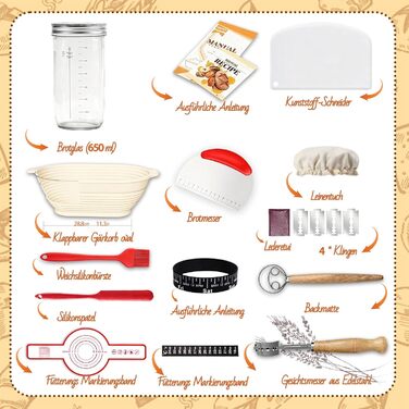 Набір для приготування закваски Daity: 12 предметів для випікання хліба, з підігрівачем, овальний гніт для підйому тіста 28см з силікону, для початківців та професіоналів