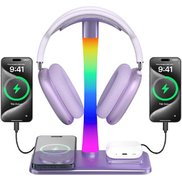 Підставка для навушників з бездротовим зарядним пристроєм, RGB-підсвічуванням, сумісна з Airpod Max, Airpod Pro/3/2, iPhone 16/15/14/13/12/11, Samsung, подарунок для геймерів (фіолетовий)