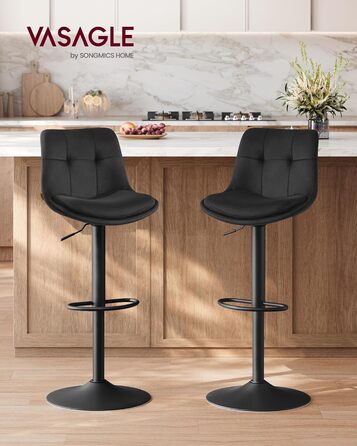 Барні стільці VASAGLE 2 шт. регульовані по висоті, обертаються, зі спинкою та підставкою для ніг, для кухні, їдальні, бару, сталь, LJB195G02 (Чорний, Велюр)
