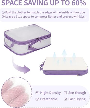 Набір компресійних органайзерів для валізи та рюкзака ECOHUB, 6 предметів, ультралегкі дорожні пакувальні куби з сітчастої тканини (Фіолетовий)