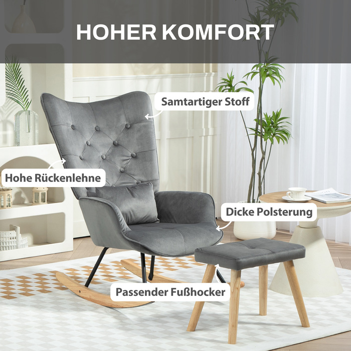 Крісло-гойдалка HOMCOM з табуретом, крісло з подушками, оксамитовий ефект, крісло-крило з дерев'яними ніжками для спальні, вітальні, 66 x 96 x 101 см, темно-сірий | Аосом
