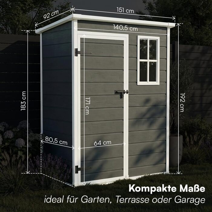 Сарай садовий STEELSØN Novara 192x92x151 см - пластиковий, з вікном, під дерево, дах похилий, темно-сірий, вологостійкий