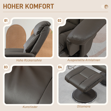 Крісло HOMCOM відкидне і гойдає, крісло під телевізор з табуреткою і спинкою для вітальні і спальні, екошкіра