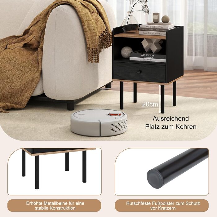 COSTWAY Набір з 2 тумбочок до ліжка, приліжкові столики з шухлядою та відкритою полицею, металеві ніжки, чорний колір, 40,5 x 35 x 56 см