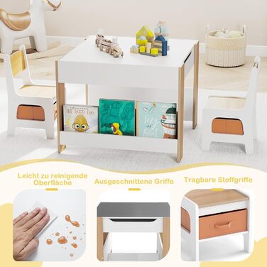 Детский стол со стульями COSTWAY 3 в 1, деревянный стол для рисования с ящиком, комплект детской мебели для детей от 3 лет, столешница с покрытием (Натуральный, Комбинированный)