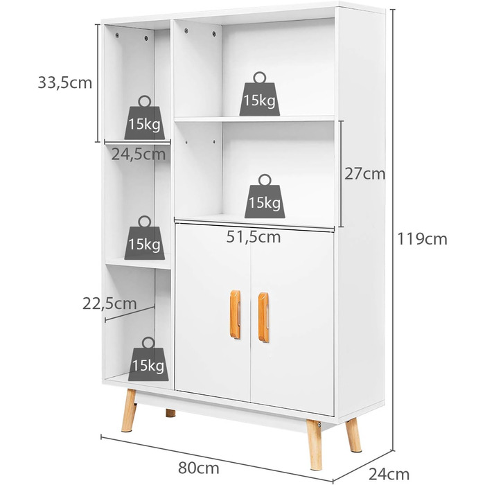 Бічна шафа GOPLUS з подвійними дверцятами, 3 полицями та 4 ніжками, окремо стояча дерев'яна полиця, книжкова шафа для навчання, вітальня, ванна кімната, комод з масиву дерева з полицею, 80x24x119см