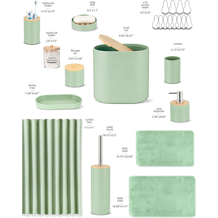 Набір аксесуарів для ванної кімнати IMAVO, 9 предметів: сміттєвий бак, дозатор мила, мильниця, тримач для зубних щіток, стакан для зубних щіток, тримач для унітазного йоржика, дозатор для ватних паличок (зелений, 26 предметів + шторка для душу з текстурою