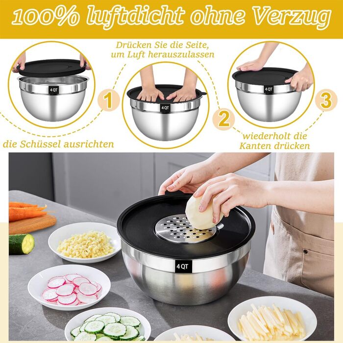 Набір мисок для перемішування 5 шт. з нержавіючої сталі, набір салатників з герметичними кришками, 3 насадки-тертки, об'єм 4.5L, 2.7L, 1.6L, 1.1L, 0.7L, скляні, розбірні, можна мити в посудомийній машині