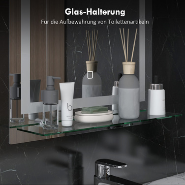 Дзеркало для ванної кімнати зі світлодіодним підсвічуванням, регульованою яскравістю, проти запотівання, сенсорним вимикачем, полицею, розміром 50 x 70 см, срібного кольору.