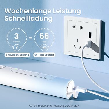Електрична зубна щітка YUNCHI - звукова, для дорослих та дітей, 40000 VPM, USB-C, 5 режимів, 8 насадок + чохол, блакитна