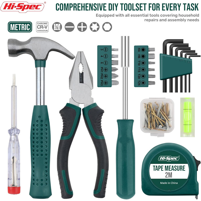 Набір інструментів Hi-Spec 25 предметів зелений компактний для дому та офісу: базовий набір для ремонту в кейсі