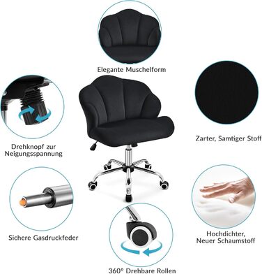 Крісло для дому та офісу Yaheetech, крісло для макіяжу, регульоване по висоті, поворотне, офісне крісло у формі мушлі з роликами, велюрове крісло, до 136 кг, білий (чорний)