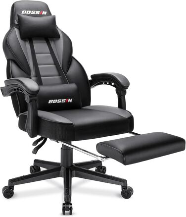Крісло ігрове Bossin Racing Style для офісу та комп'ютерного столу з підніжкою та підголівником сірого та чорного кольору