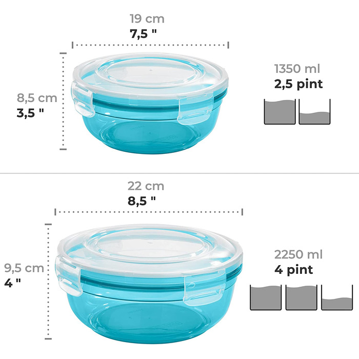 Набір банок для зберігання Грізлі з 4 предметів (0,4 л, 0,8 л, 1,4 л, 2,3 л), круглі, пластикові, 100 повітро-/водонепроникні, попередньо безпечні для використання в мікрохвильовій печі