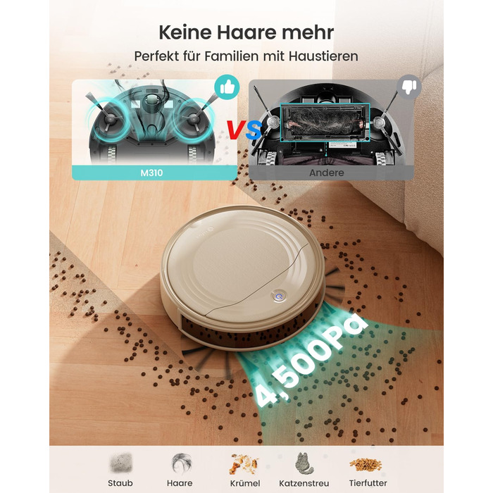 Робот-пилосос LEFANT M330 з функцією миття, 5000Pa, лазерна навігація, PSD-технологія, APP, 160 хв, для тварин, килима, твердих підлог, сірий (M310 Champagne)