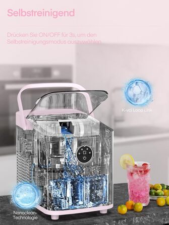 Льодогенератор Fohere 14 кг/24 год, рожевий: швидке виробництво льоду (5 хв), 2 розміри кулеподібного льоду, самоочищення, з ручкою та лопаткою для льоду