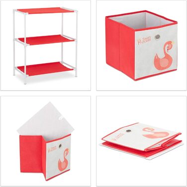 Дитяча полиця Relaxdays з 4 коробками, іграшка, дівчинка, дизайн лебедя, полиця дитяча кімната, HWD 62 x 53 x 30 см, білий/червоний