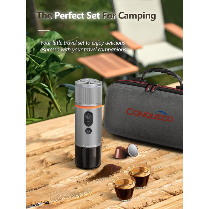 CONQUECO Портативна Еспресо-машина: Електрична кавомашина 12V для авто та подорожей. Сумісна з капсулами NS та меленою кавою (Сірий, 3 шт.)