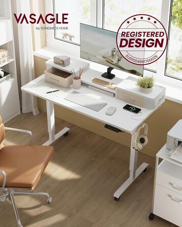 Електричний регульований стіл VASAGLE 120x60 см, білий, з підставкою для монітора, USB-роз'ємами, пам'яттю висоти