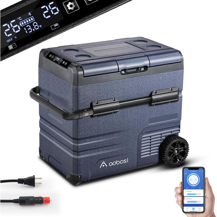 AAOBOSI Компресорна холодильна сумка-холодильник 55L, 12v/230v, з цифровим керуванням температурою, App-керуванням, для кемпінгу, авто, вантажівки, човна, автодому (Блакитний)