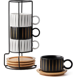 Набір кавових чашок Cappuccino HOME DECOR (4 шт, 160 мл) з підставками та стійкою - 160 мл, Stripe, кераміка