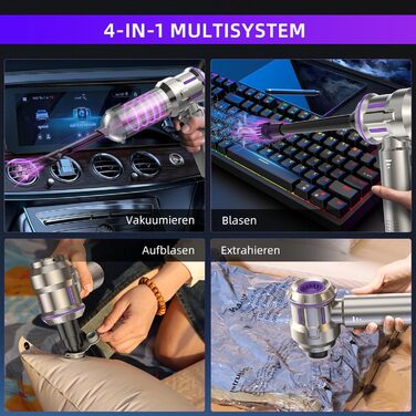 Акумуляторний ручний пилосмок 25000Па з безщітковим двигуном, 4-в-1, самоочищення, 3 режими потужності, для авто, дому та шерсті тварин, сріблясто-фіолетовий