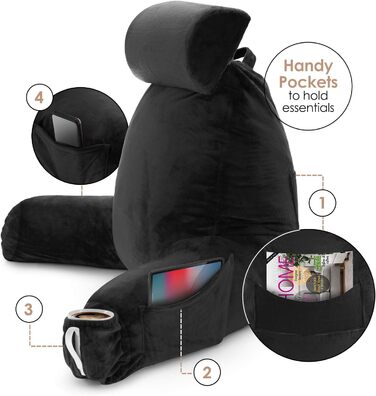 Подушка для читання Clara Clark з великим спинним підпором, з піною з пам'яті, чорна подушка для сидіння в ліжку/стільці з підлокітниками та кишенями, велика