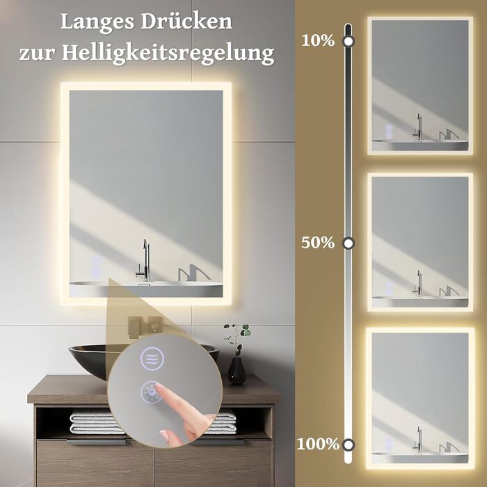 Дзеркало для ванної кімнати Mursche з підсвічуванням, кругле LED дзеркало для ванни, IP44, 60 см, з сенсорною панеллю