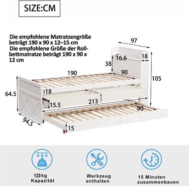 Односпальне ліжко Ліжко з масиву дерева Сосна 90x190 Багатофункціональне з висувною шухлядою Рейковий каркас, тумбочка з полицями з USB-роз'ємом Молодіжне ліжко Гостьове ліжко (біле)