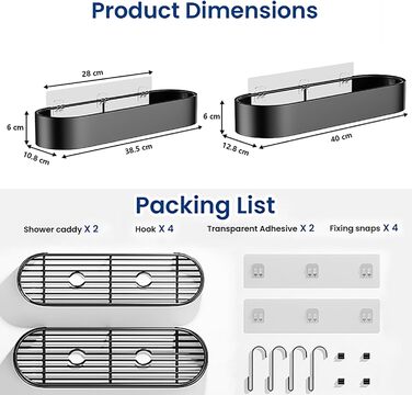 Душова полиця ZUIMENG без свердління, 2 шт. и з нержавіючої сталі, 4 гачки, 38,5-40 см, душова корзина для ванної кімнати та кухні (чорна)