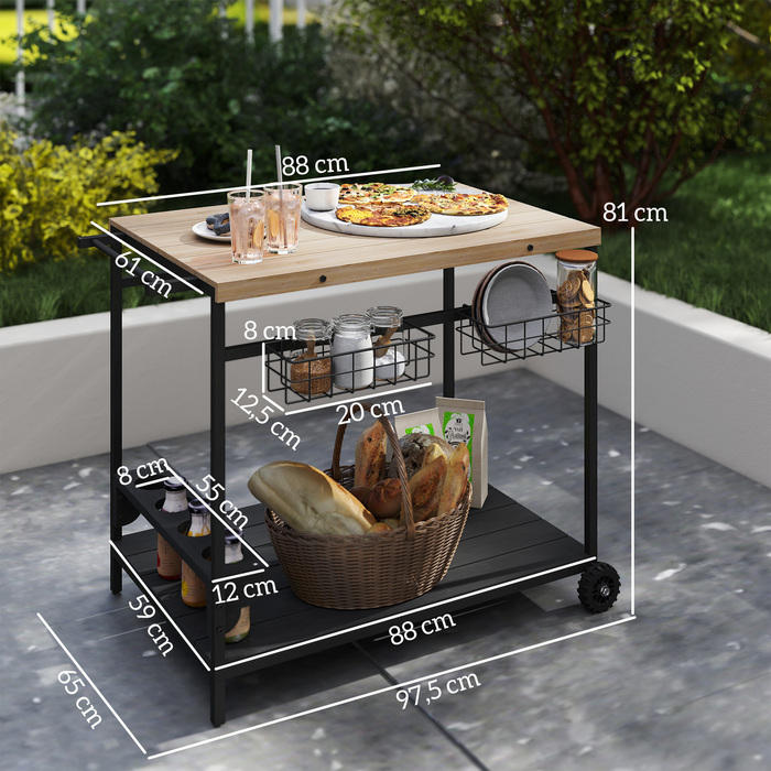 Сервісний візок, кухонний візок, 2 яруси, 4 тримачі для пляшок, для використання в приміщенні/на вулиці, колір: натуральний/чорний