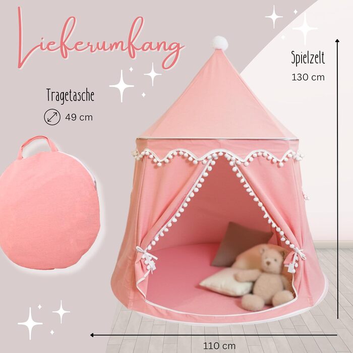 Дитячий намет LIONHERZ® DAS ORIGINAL: Принцесин замок з бавовни та льону | З фібергласовими стержнями та сумкою | Стабільний намет-тіпі для дівчаток (Кораловий рожевий, без аксесуарів)
