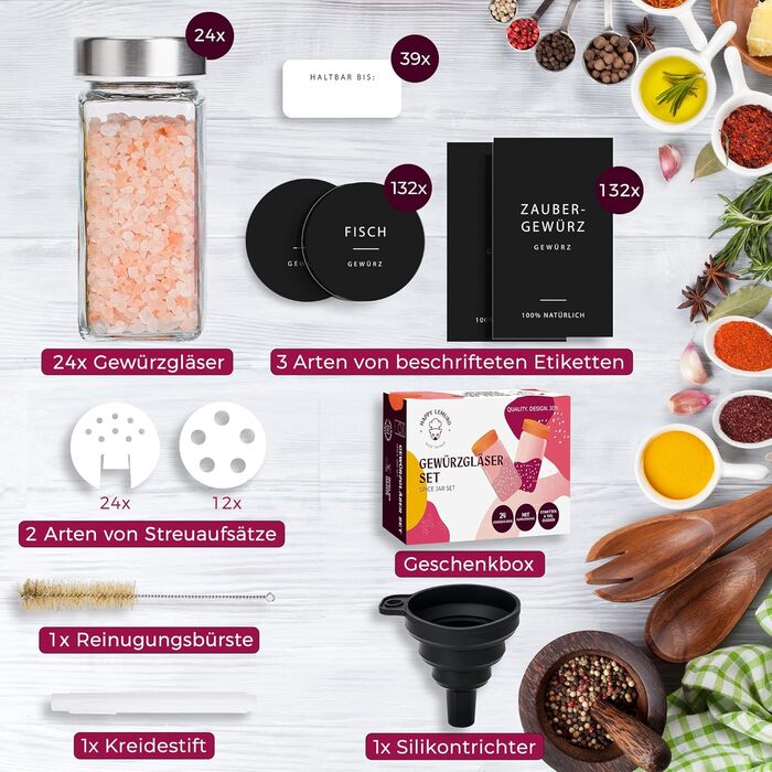 Набір скляних банок для спецій з дозатором [24 x 120 мл] з 303 етикетками | Набір банок для спецій з бамбуковими кришками, 24 шт., чорний колір