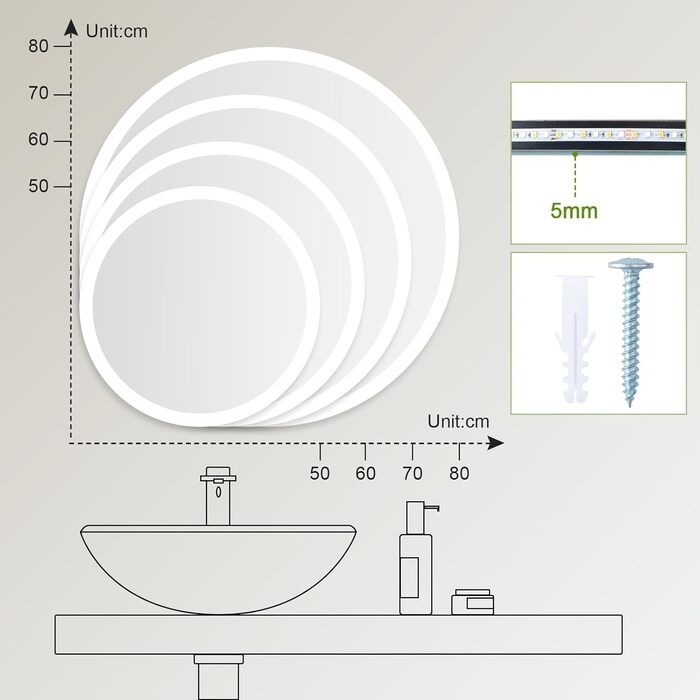 LED дзеркало для ванної кімнати AllRight з підсвічуванням 50 см, кругле, димування, 3 кольори світла, сенсорне керування, антизапар, для макіяжу та гоління