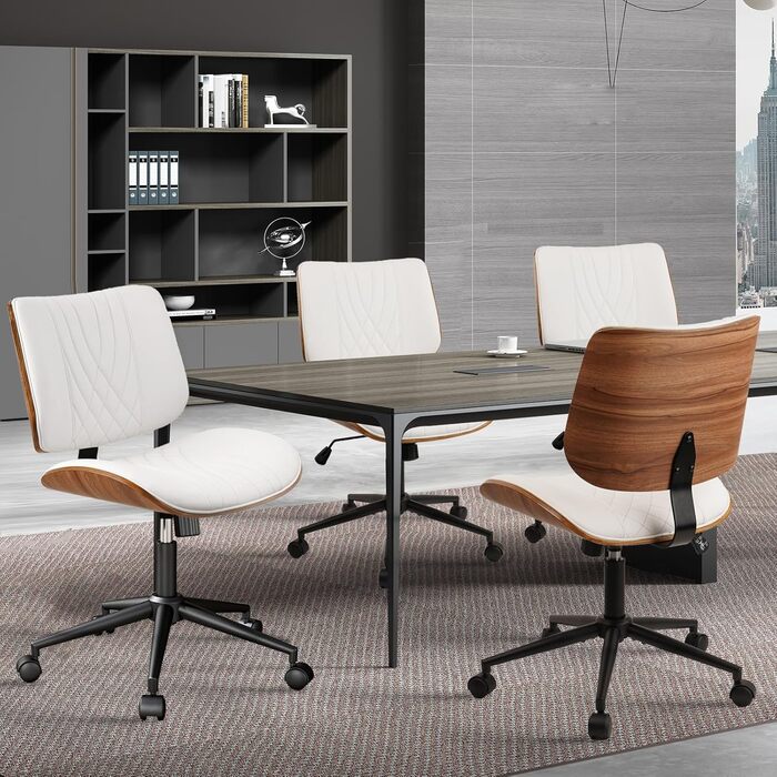 Крісло офісне без підлокітників Clatina з роликами, регульоване по висоті, шкіряне, поворотне, для комп'ютера, середньою спинкою, сучасний стиль горіхового дерева, для дому, офісу, конференц-залу, білий, 1 шт.