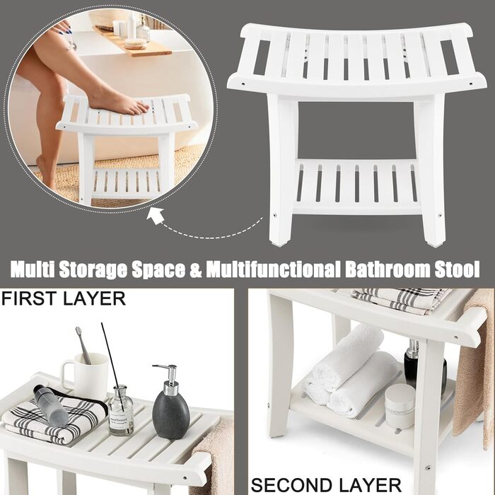 Двомісний стілець для душу HOMASIS з полицею, до 170 кг, HDPE, з ручками та антиковзними накладками, для літніх людей та дорослих (білий)