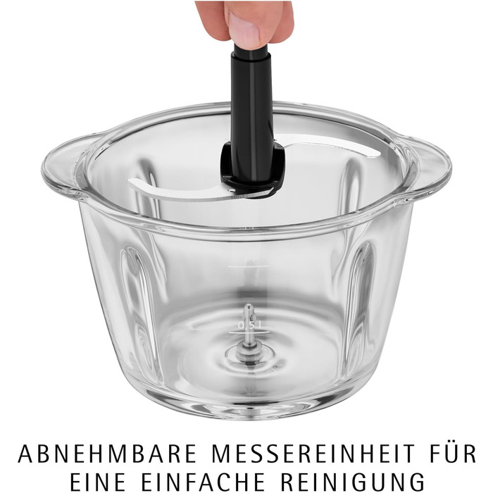 WMF Kult X Електричний подрібнювач міні-подрібнювач з скляною чашею та лезами з нержавіючої сталі, для овочів, трав та горіхів, 1л, довговічний, придатний для миття в посудомийній машині