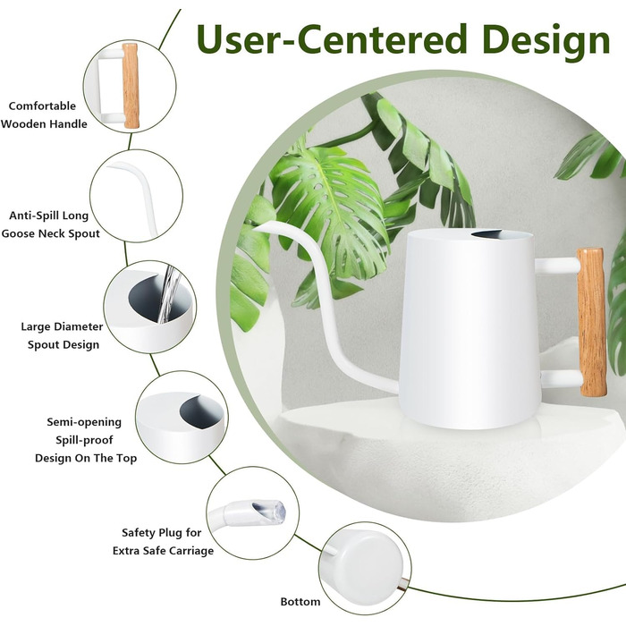 Лійка для кімнатних рослин, лійка GUKJOB 1 л Маленька кімнатна лійка Металева нержавіюча сталь Сучасна декоративна лійка з довгим носиком для домашніх рослин Бонсай Відкриті садові квіти (зелений, 35 унцій) (Wc-White)