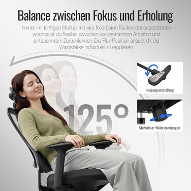 Yaasa Chair Plus: Ергономічне офісне крісло з підголівником, 2D-підтримкою попереку та 4D-підлокітниками. Переможець тесту! Чорний, до 150 кг.