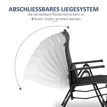 Розкішний шезлонг для відпочинку на відкритому повітрі: складаний лежак з подушкою, що імітує відчуття невагомості. Має 9 положень регулювання спинки, витримує до 150 кг. Ідеально підходить для саду, відпочинку, відпустки, пляжу, басейну. Колір: чорний.