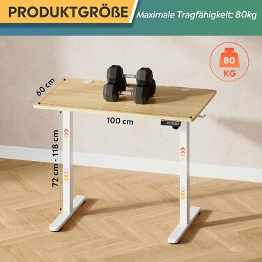 Регульований за висотою стіл Devaise з тихим мотором та функцією пам'яті для 3 положень, стіл для сидіння та стояння, регулювання висоти 72–118 см, ергономічний комп'ютерний стіл для офісу, білий (100x60 см, колір дуб)