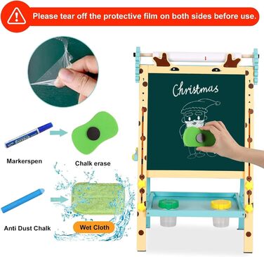Дитяча мольберт Kinder-Kunst з підставкою для рулонів паперу, двосторонній, регульована висота 81–110 см, дошка для маркерів та крейди, мольберт-підставка з цифрами та аксесуарами, набір для малювання для малюків