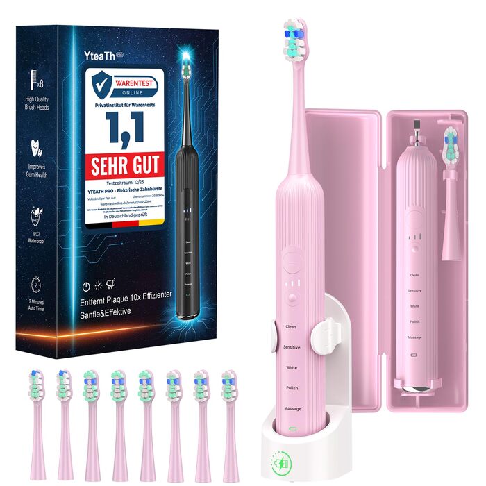 Електрична зубна щітка Sonic для дорослих та дітей, 5 режимів чищення, 8 насадок, рожева