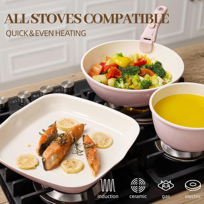 Набір каструль та сковорідок 23 частини з антипригарним покриттям. Керамічний набір посуду з знімними ручками, сумісний з усіма типами плит та духовкою. Без PFAS, PTFE, PFOA. Кремово-білий колір.