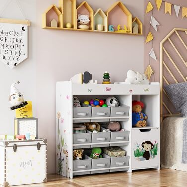 Дитяча полиця для іграшок HOCSOK з 9 ящиками, органайзер для іграшок, великий об'єм зберігання, книжкова полиця для дитячої кімнати, дерево, білий, 90 x 80 x 29,5 см